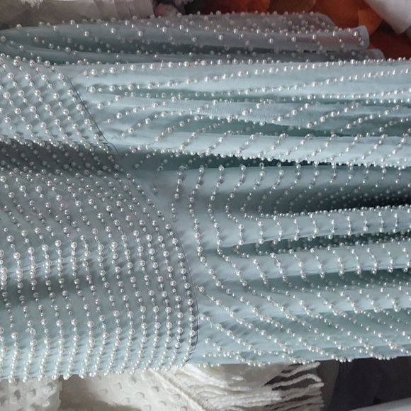 One Shoulder Pearl and sewuin Asymmetrical Hem Gown Seafoam NWT 12 - Picture 5 of 6